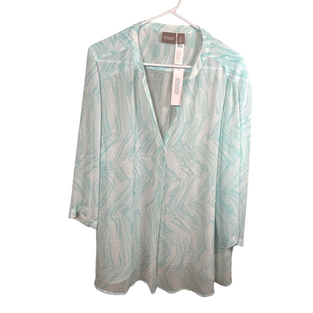 NEW Chico's Pullover Top Women's Size 3 XL 16 18 Aqua Breeze Woodgrain Texture